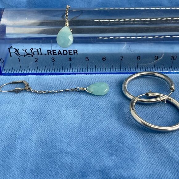 silver drop earrings with faceted amazonite stones and silver hoops - Picture 4 of 4